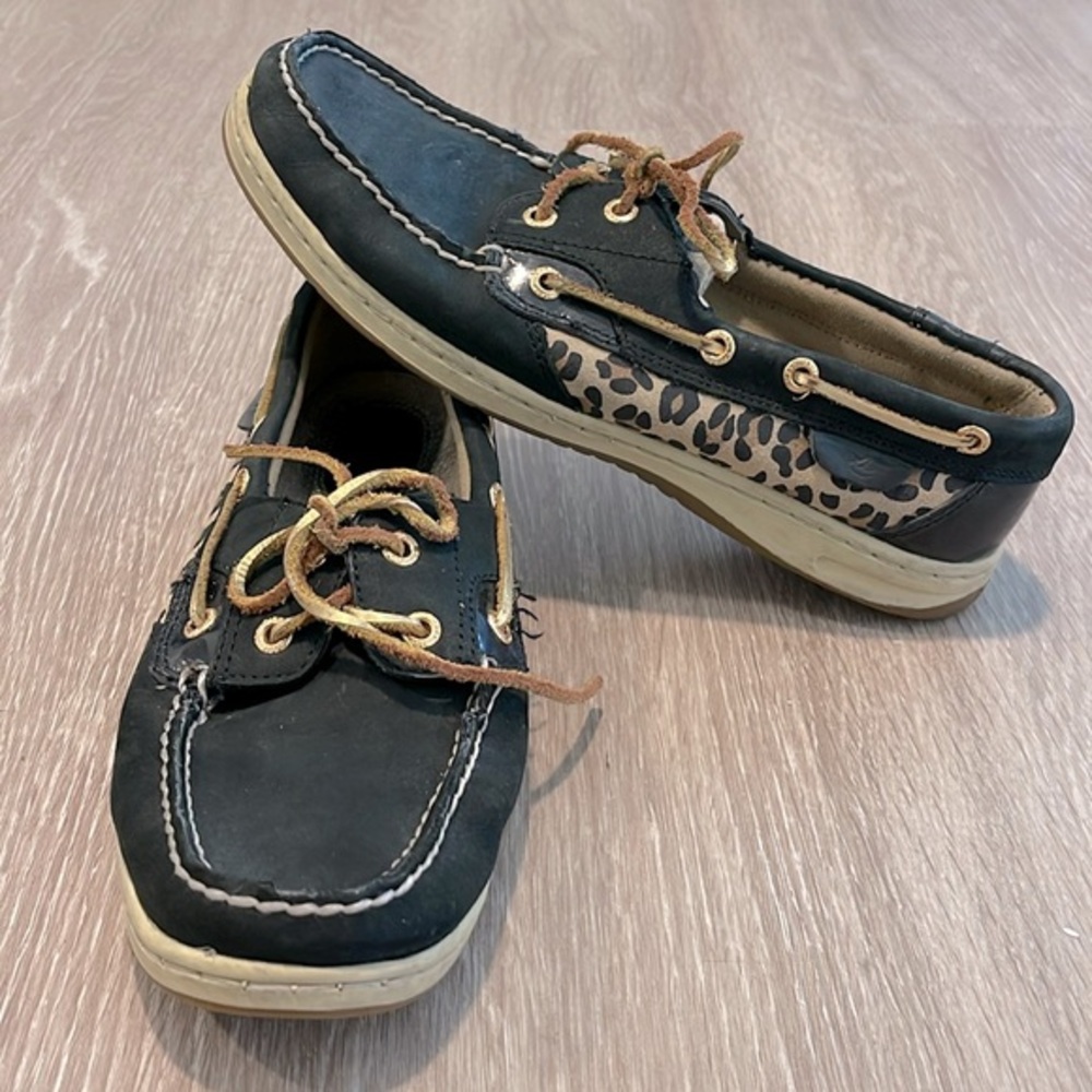 Sperry Top Sider Leather Black Leopard Print with Gold Laces Boat Womens 9.5